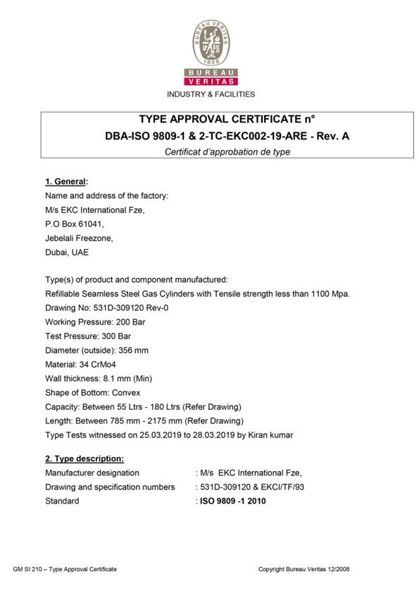 TYPE APPROVAL CERTIFICATE n° DBA-ISO 9809-1 & 2-TC-EKC002-19-ARE - Rev. A